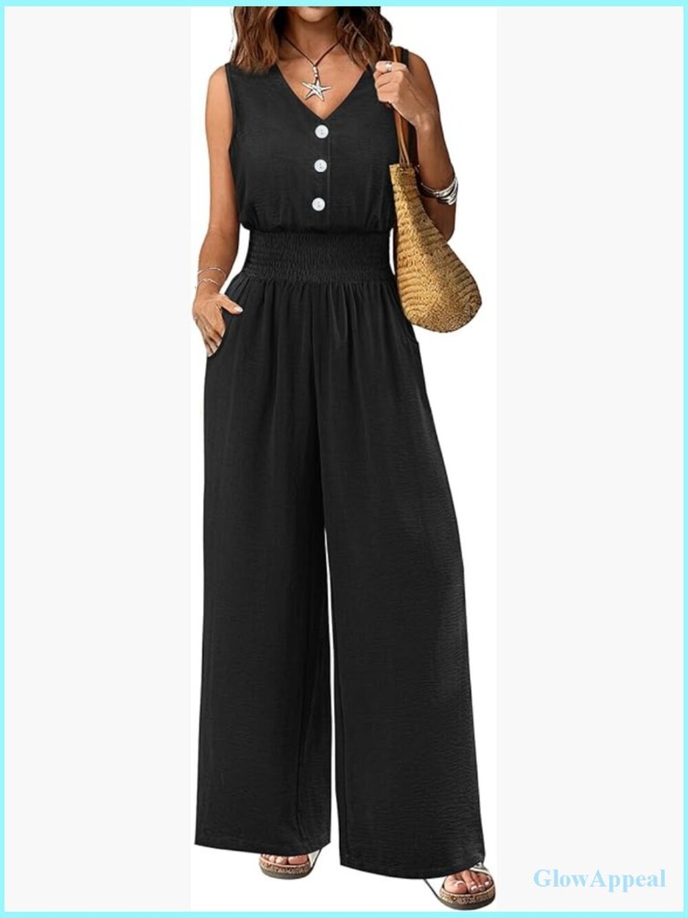 Sleeveless V Neck Wide Leg Jumpsuit with Pockets Black